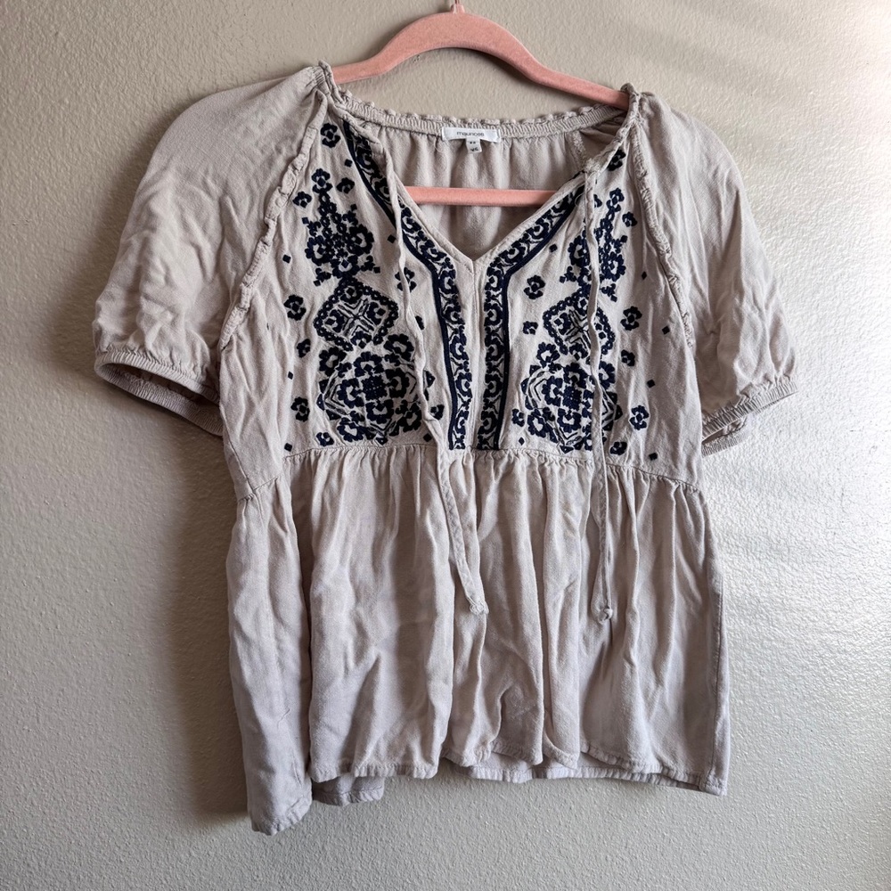 Maurices Cream Peasant Blouse with Navy Embroidery
